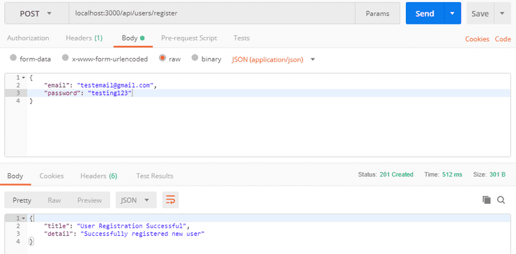 Screenshot of example using Postman to send requests to server